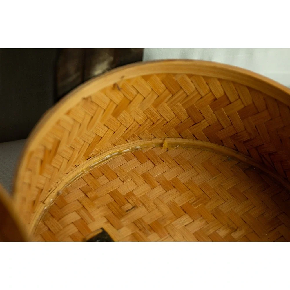 Vintage Chinese Wedding Basket 2 Tier Woven Bamboo Lacquered Picnic Carrier